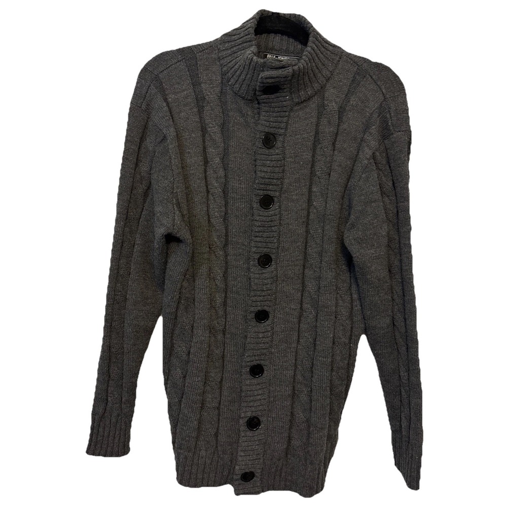 Paul Jones Mens Gray Cable Knit Cardigan Sweater High Neck Button Front XL